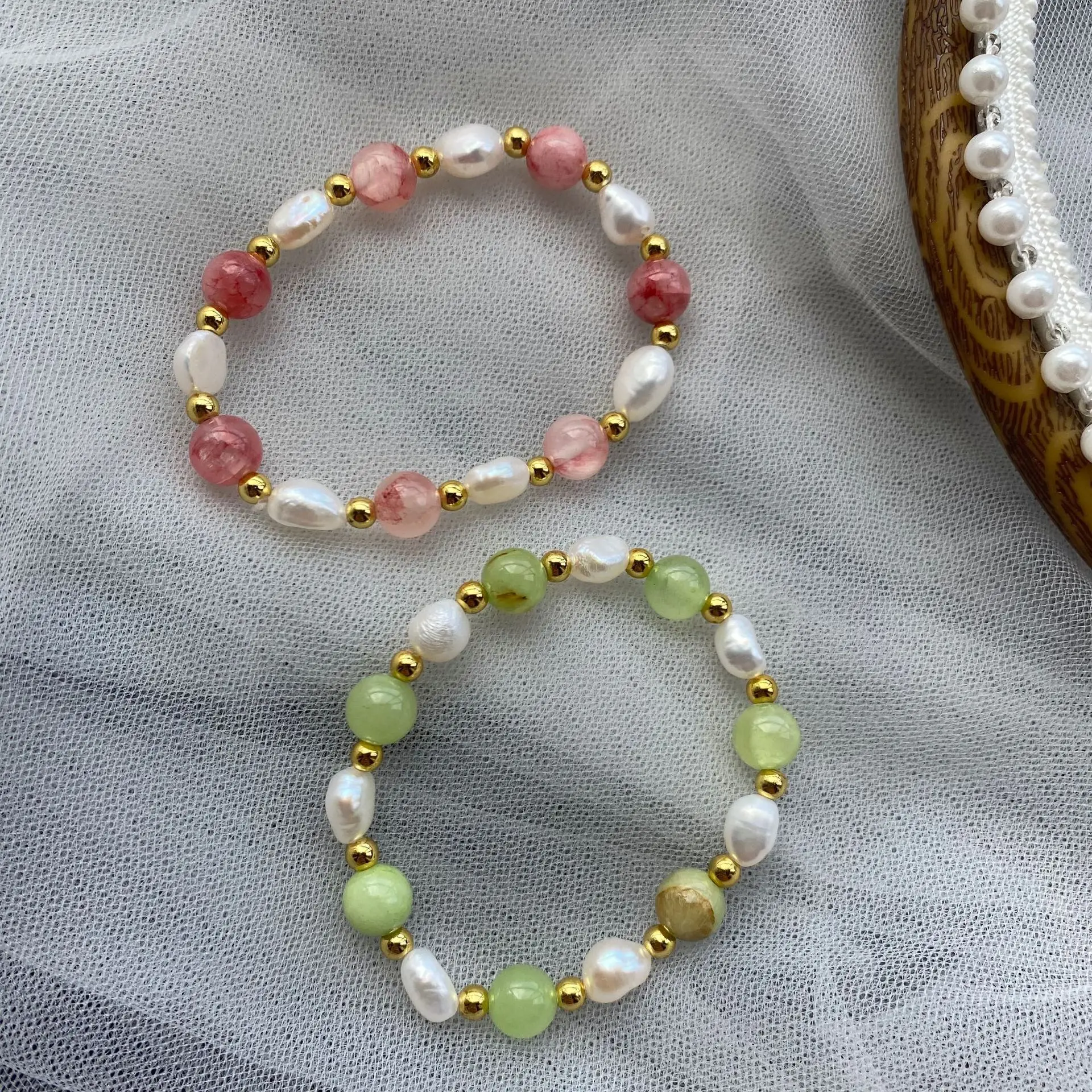  Creative Natural Freshwater Pearl Plus Stone Elastic Bracelets Baby Girl Handmade Jewelry