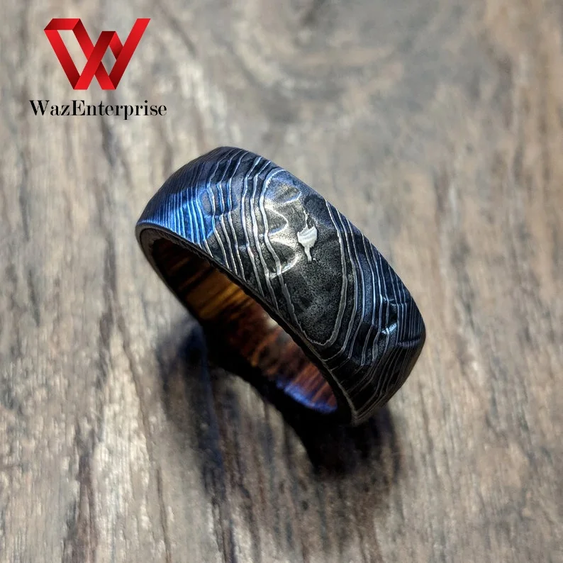 
Rings Custom Made Damascus Steel Ring Carbon Steel Ring Wood Inlay 