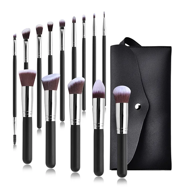 Hot sale Foundation Face Powder Blush Concealer Eye Shadow Makeup Brush Kits Professional 14pcs Black Premium Cosmetic Brushes