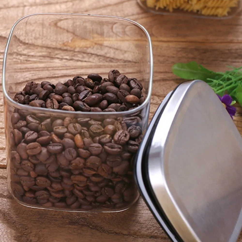 Square Glass Jars With Stainless Steel Lid For Tea Coffee Container Set Sealed Cans Storage Box Canister 140E