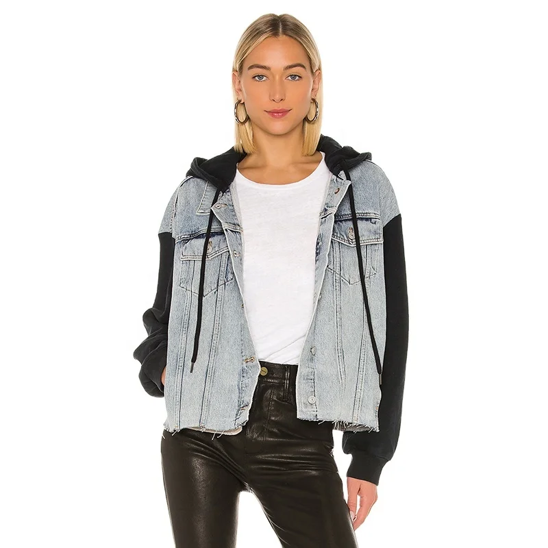 
OEM street style hood chest pocket patchwork buttoned Denim jacket for women 