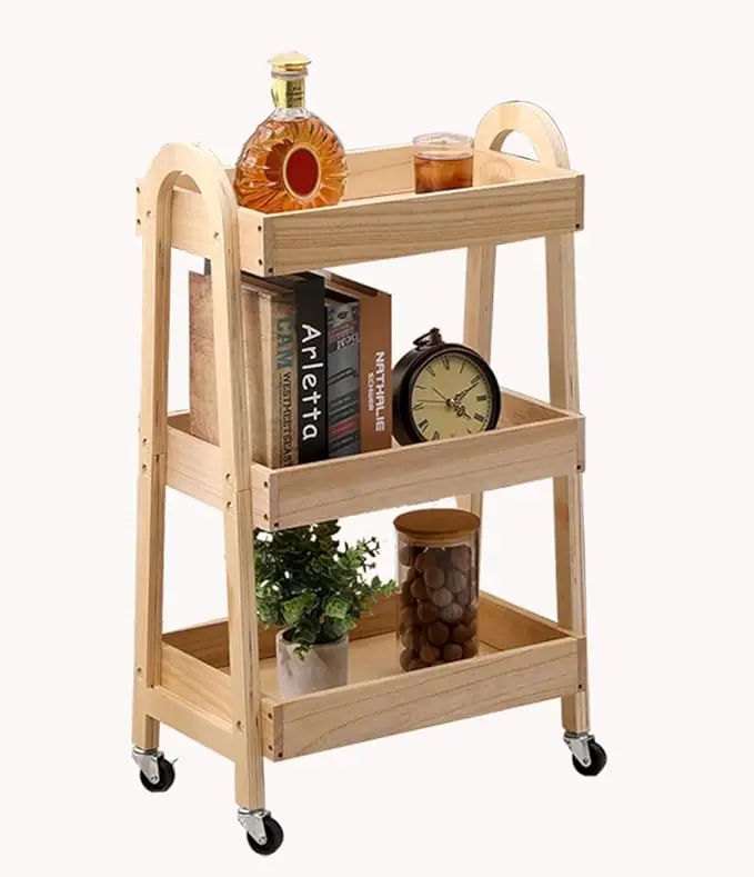 3-Tier Wooden Rolling Cart Wooden Utility Cart wit Wheels Utility Rolling Cart-Storage Trolley Organizer
