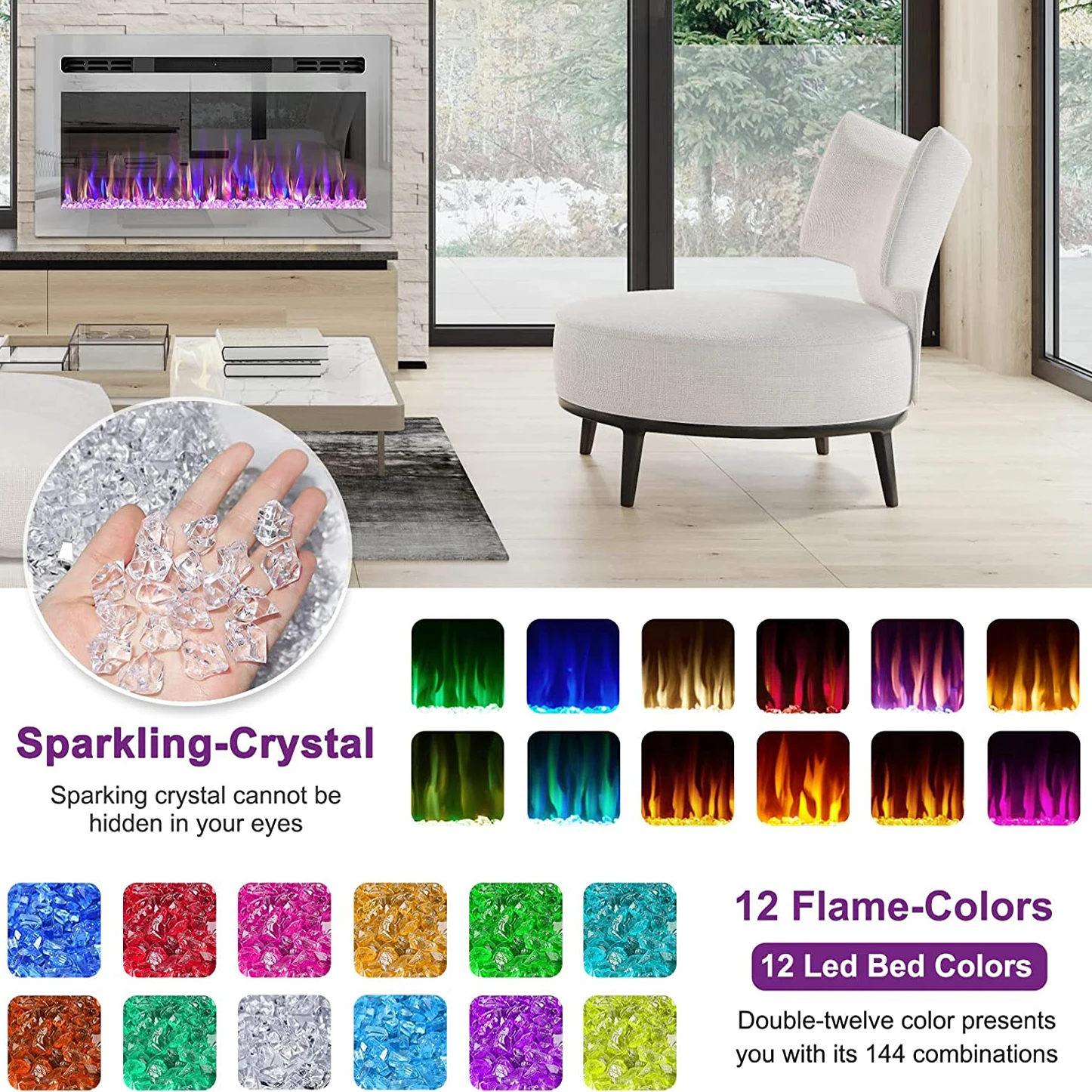 31-Inch Realistic Flame Electric Fireplace Heater Wall Mounted Log Set TV Stand Remote Control for Household Use