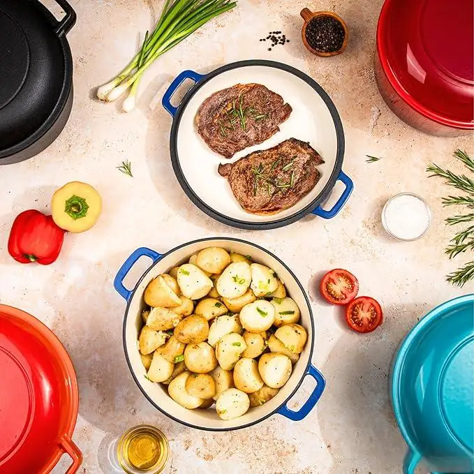 5QT Enameled Cast Iron Dutch Oven 2 In1with Lid Double Handle Frying Pan Multifunctional Nonstick Round Stock Pot Set Customized