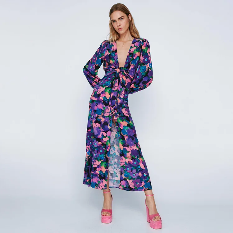 Custom Maxi Boho Casual Tie- Waist Floral Faux Wrap Ladies Bow Knot Sling Party Hawaiian Dress for Women