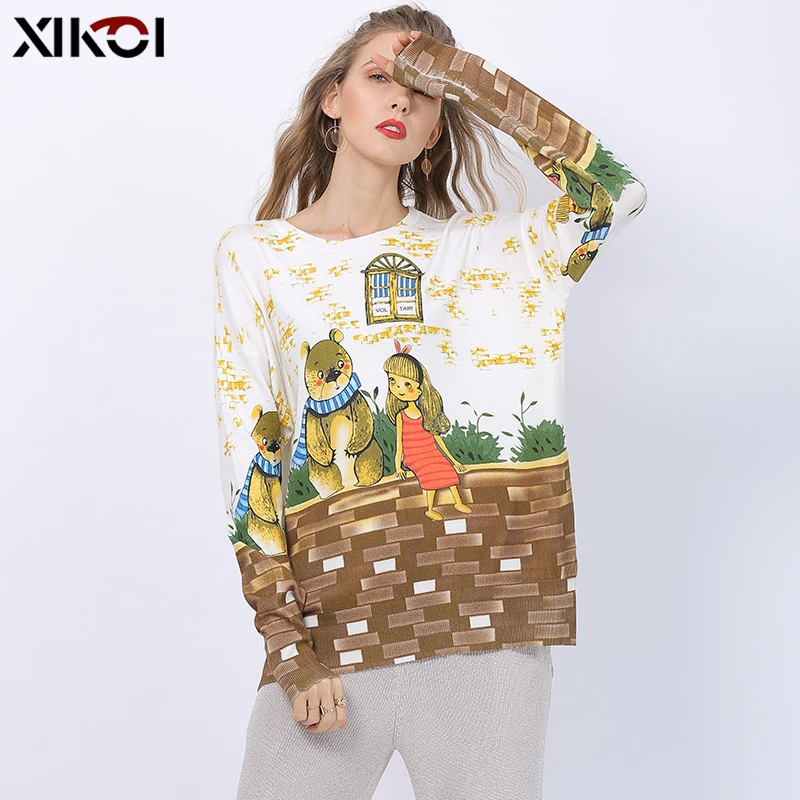 
Зима Свободный свитер для женщин Зимняя одежда милый медведь и с принтом для девочек пуловер модный вязаный Pull Femme одежда 