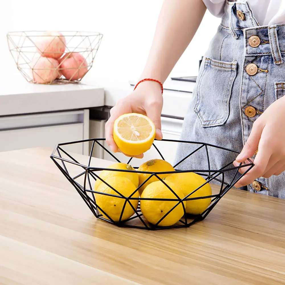 Fruit Basket Creative Geometry Countertop Iron Gold Plated Black Vegetable Mesh Metal Bowl Kitchen Storage Wire Fruit Basket