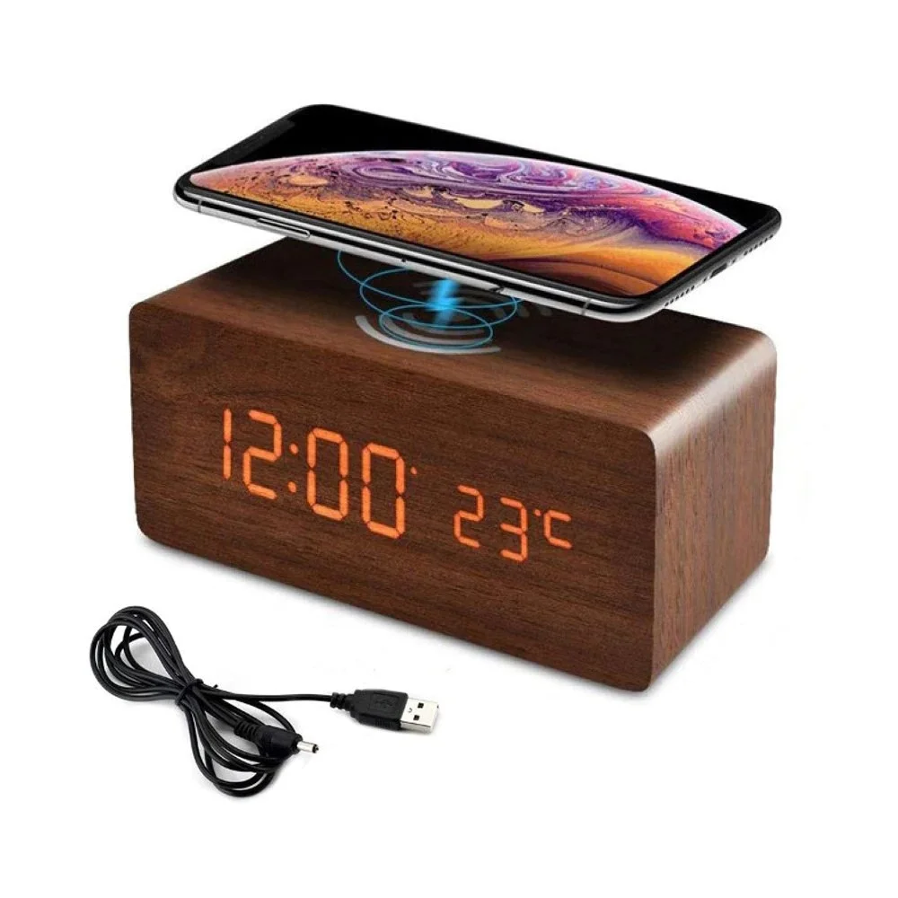 Eco-friendly Wooden Grain Portable 10w Qi Fast Charging Phone Charger Led Digital Alarm Clock