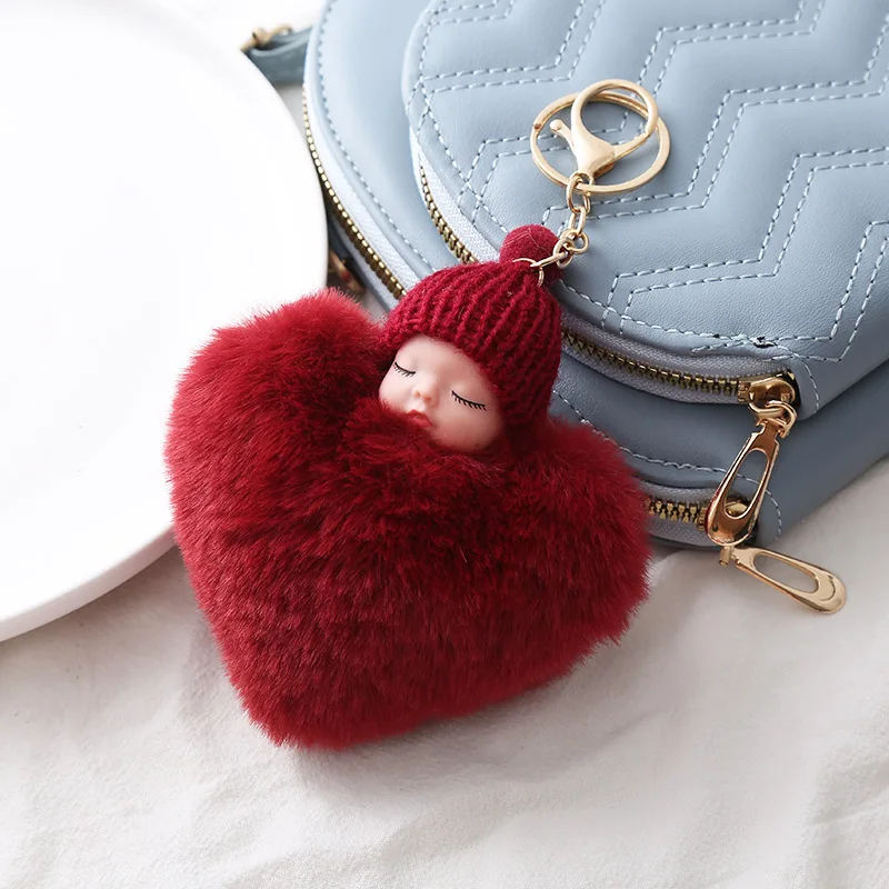 XR kawaii False rabbitfur sleeping baby doll Heart Pompom keychain for girls sweet Plush sleepy baby keychain
