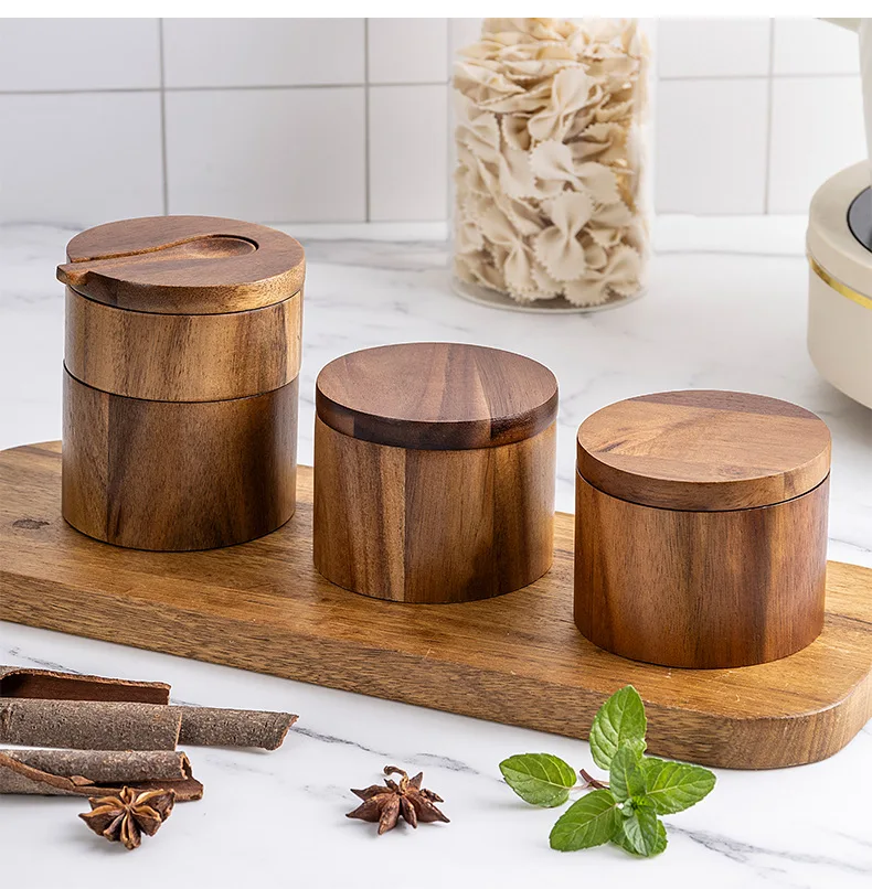 Acacia Wood Salt Shaker and Seasoning Box Solid Wooden Kitchen Storage Spice Jar for Pepper Powder Food for Gifts
