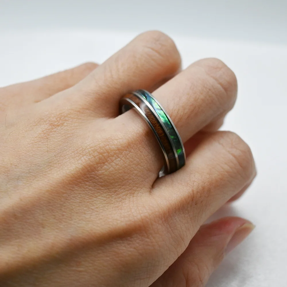 Stainless Steel Carbide Rings Hawaiian Koa Wood and Abalone Shell Rings for Men Comfort Fit Fashion Jewelry