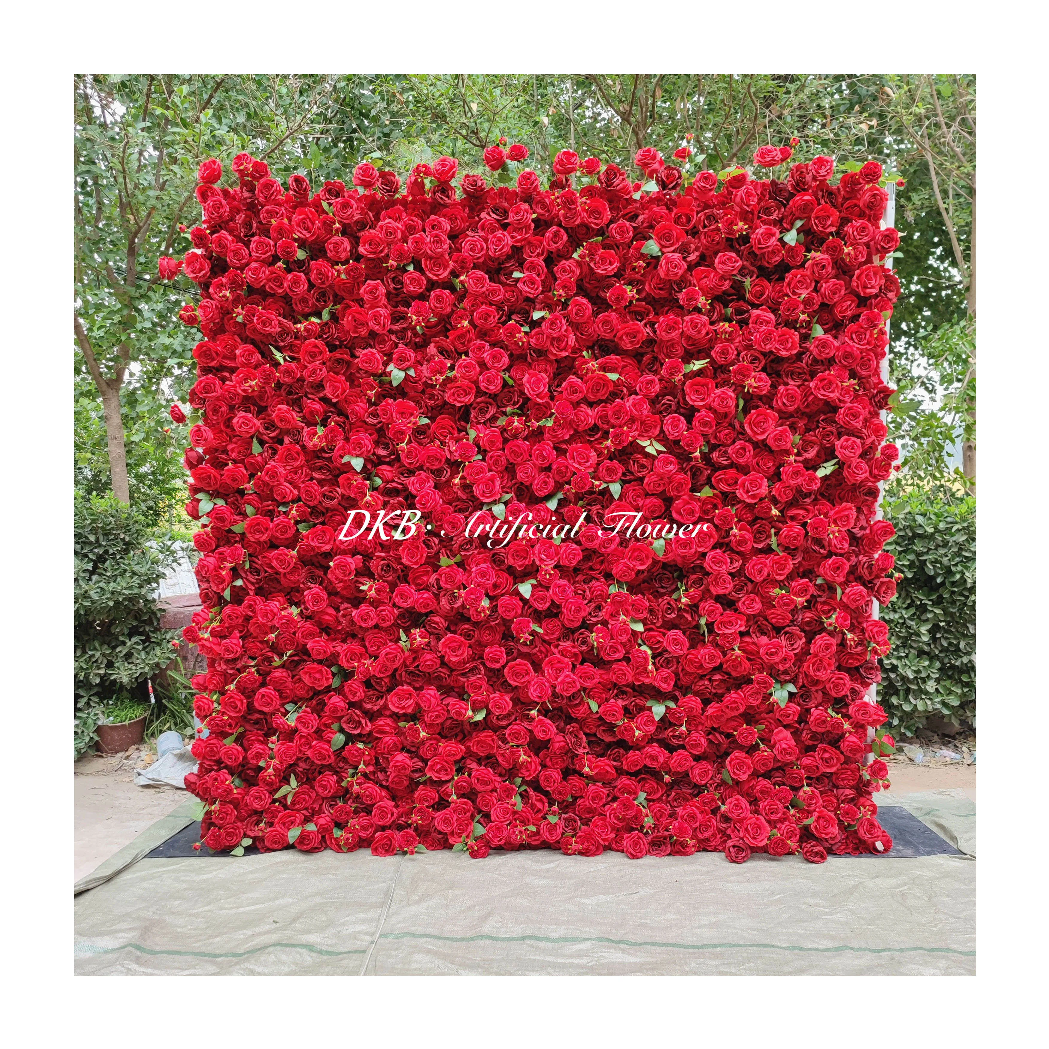 Wedding Party Wall Decorations Factory direct sales high quality silk red rose roll up 8*8ft flower wall backdrop