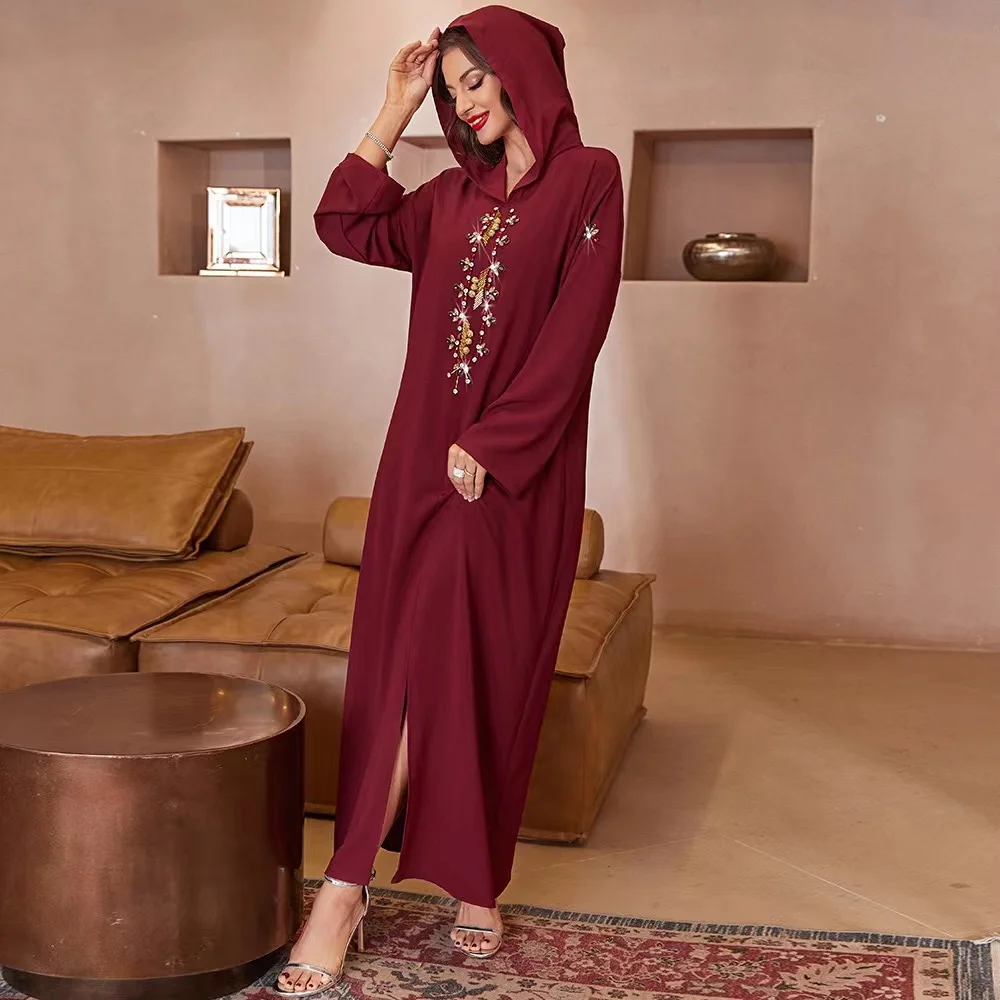 2022 Middle East women high quality islamic clothing fashion elegant rhinestone loose long sleeve abaya kaftan style robe