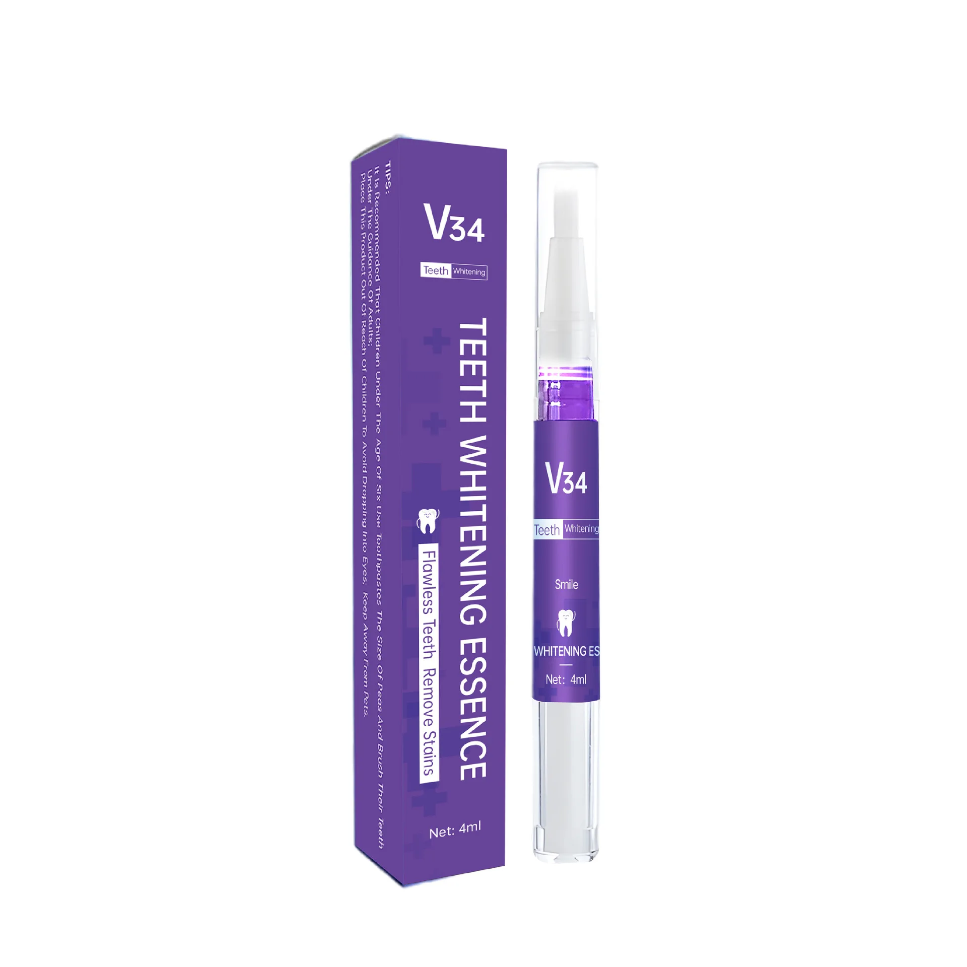 Home Use Teeth Whitening Pen with Instant White V34 Purple Toothbrush & Mint Flavored Colour Corrector