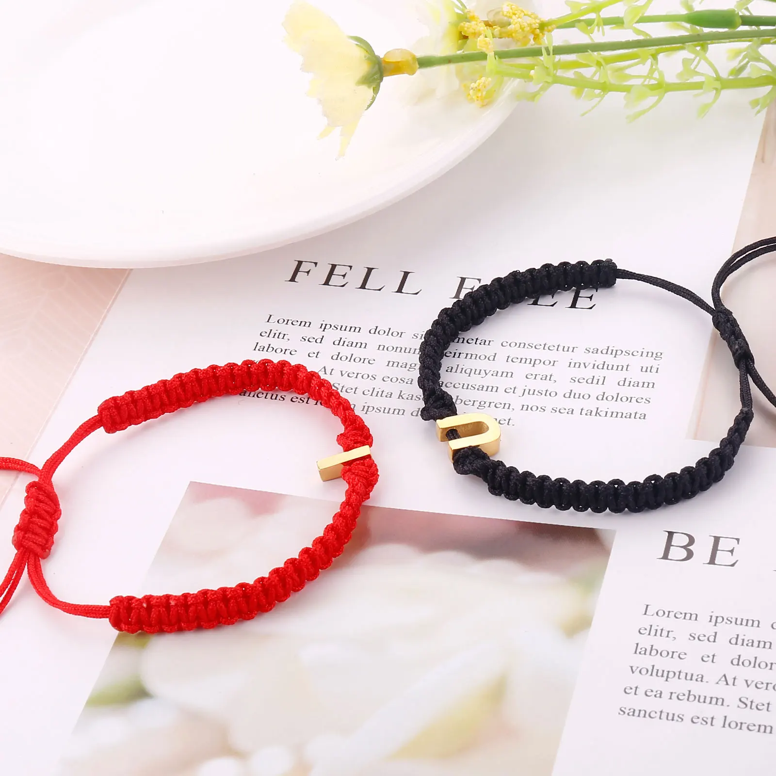 Jewelry Birthday Gift Lucky Black Red Rope Braid Bracelets Personality Initial Name Stainless Steel 26 Letter Charm Bracelet
