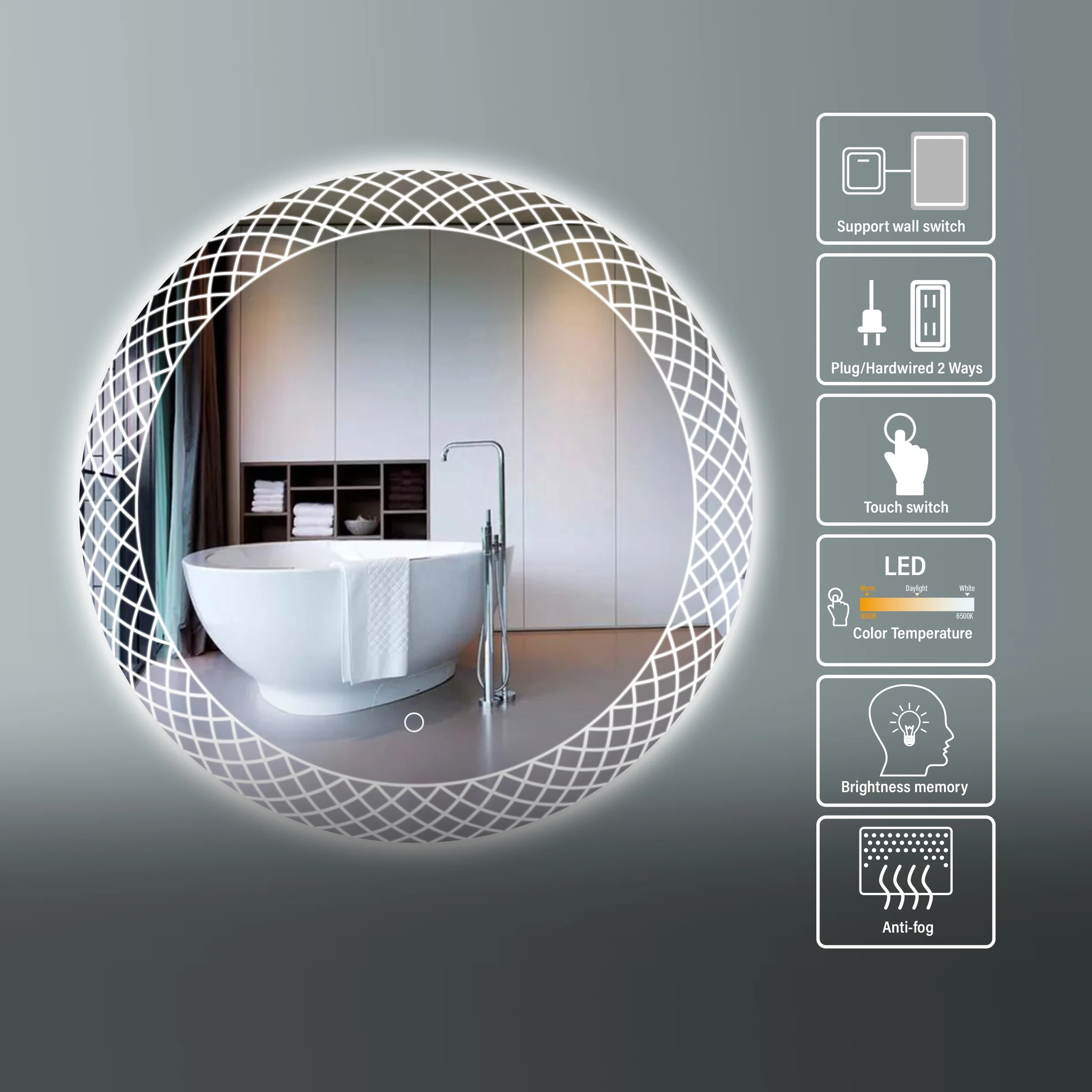 Custom Round Bathroom Mirror Wall Mounted Touch Control Smart Led Light Mirror For Bathroom