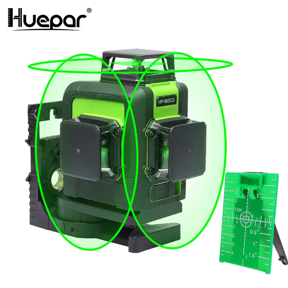 Профессиональный Huepar 360 903CG перезаряжаемый литиевый и уличный импульсный режим зеленый луч 3D 12 линий поворотный лазерный
