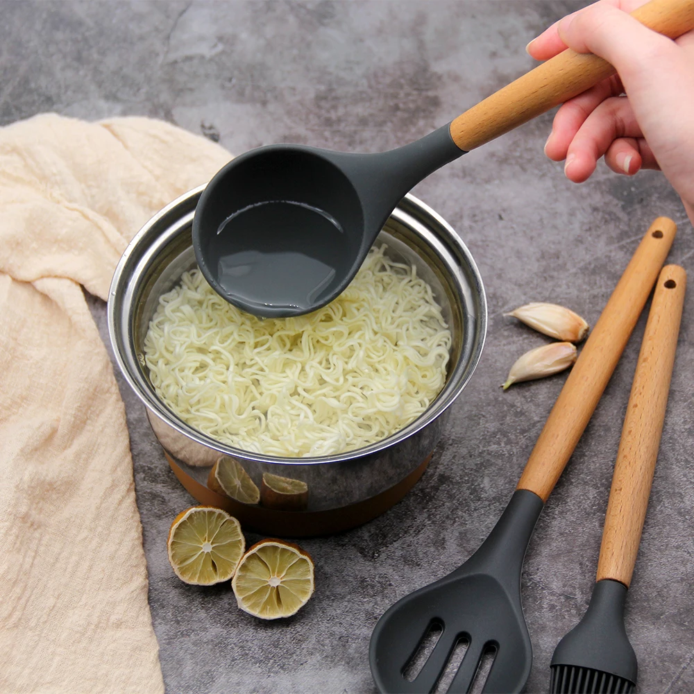 Silicone Cooking Utensil Sets Eco-friendly 10 Pieces Wooden Handles Cooking Tool Silicone Kitchen Utensil Set