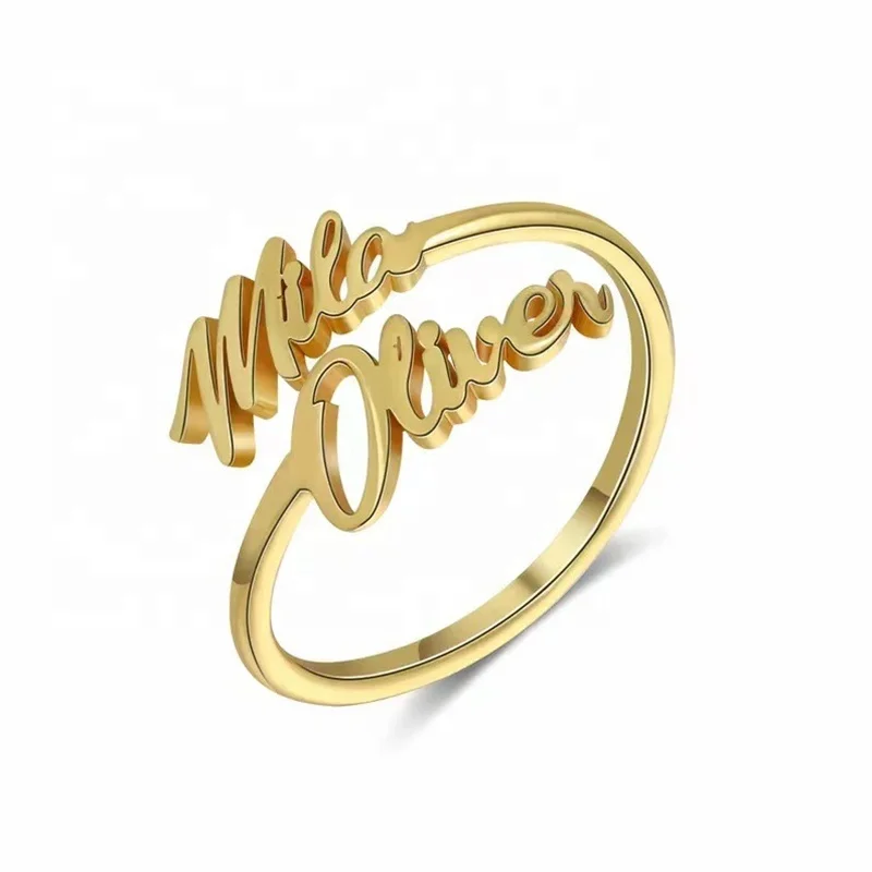 Stainless Steel Custom Double Name Ring Minimalist Jewelry 18k Gold Plated Ring Adjustable  For Couple Rings