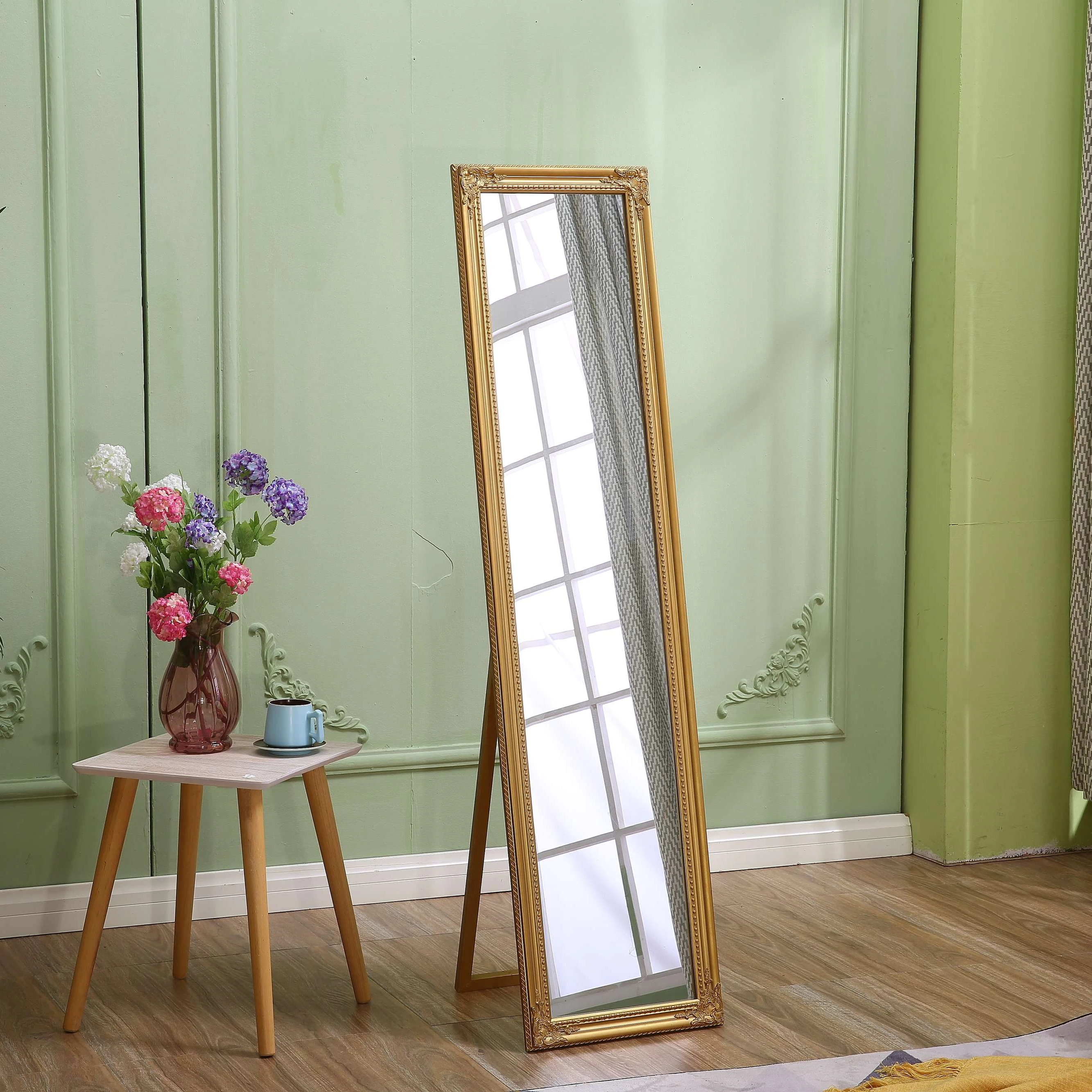 Floral gilding gypsum frame floor mirror for home or barber decoration