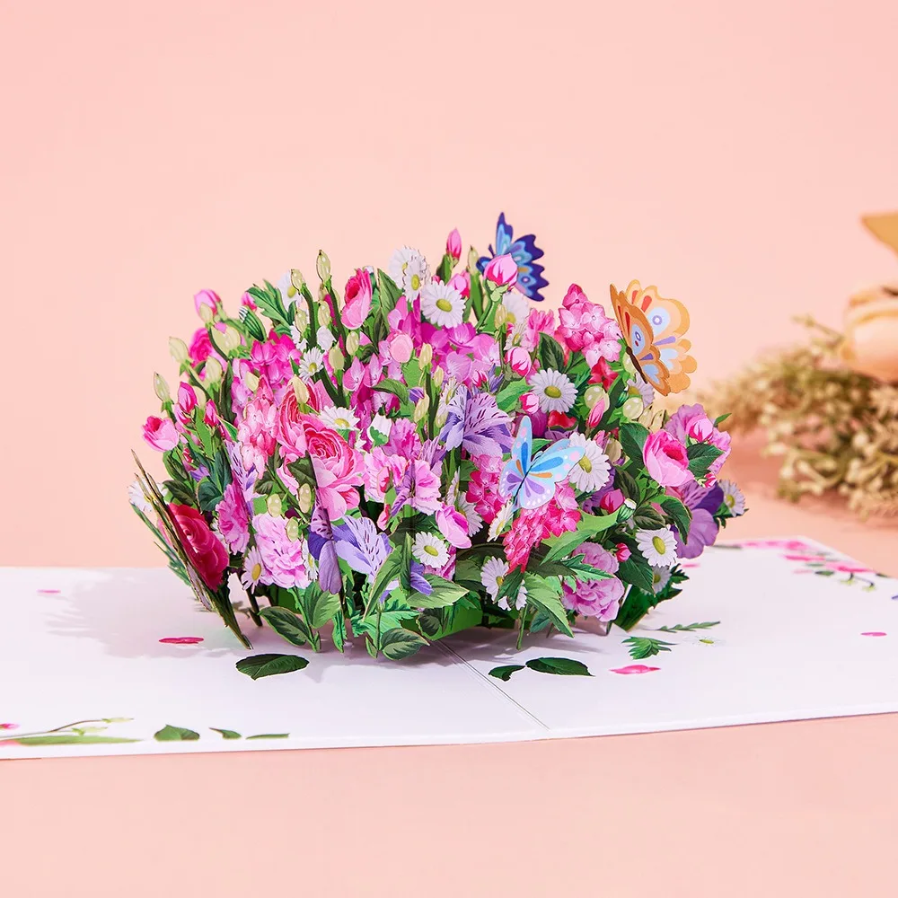 Flower Basket Greeting Card Flower Box Eco-friendly Flower Pop up Cards Hot Sale 3D Paper Mother's Day Gteeting Card