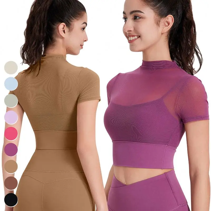 Quick Dry Workout Crop Top Sexy Mesh Running Woman Clothing Short Sleeve Fixed Padded Fitness T-shirt Sports T Shirt For Women