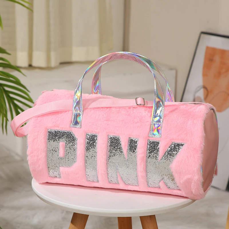 Kids Children Leisure Casual Pink bag Glitter Shiny logo Plush Duffel tote Bags Fur Travel Pink Duffle Bag For Girls