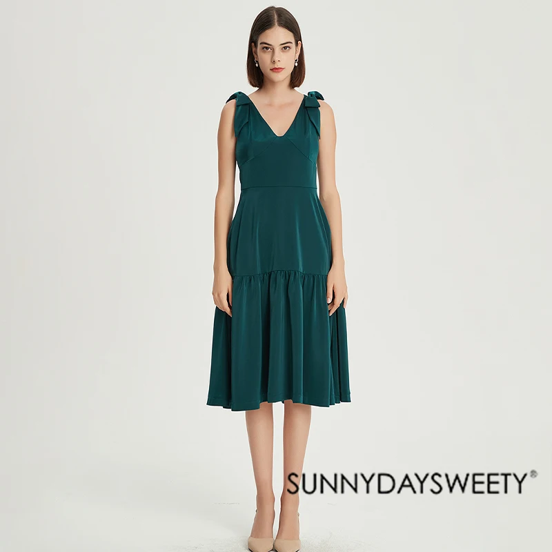 2022 S/S Bow Straps Sleeveless High Waist Hidden Back Zipper One Piece Girls Party Green Satin Princess Dress