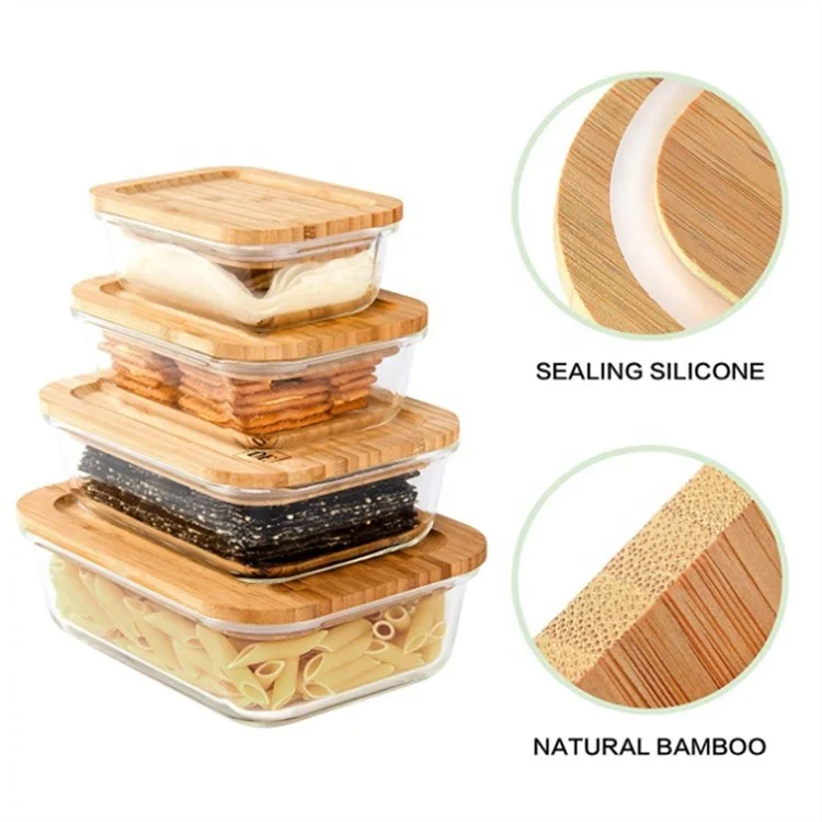 Borosilicate Glass Lunch Box Microwave Oven Safe Food Container with Bamboo Lid