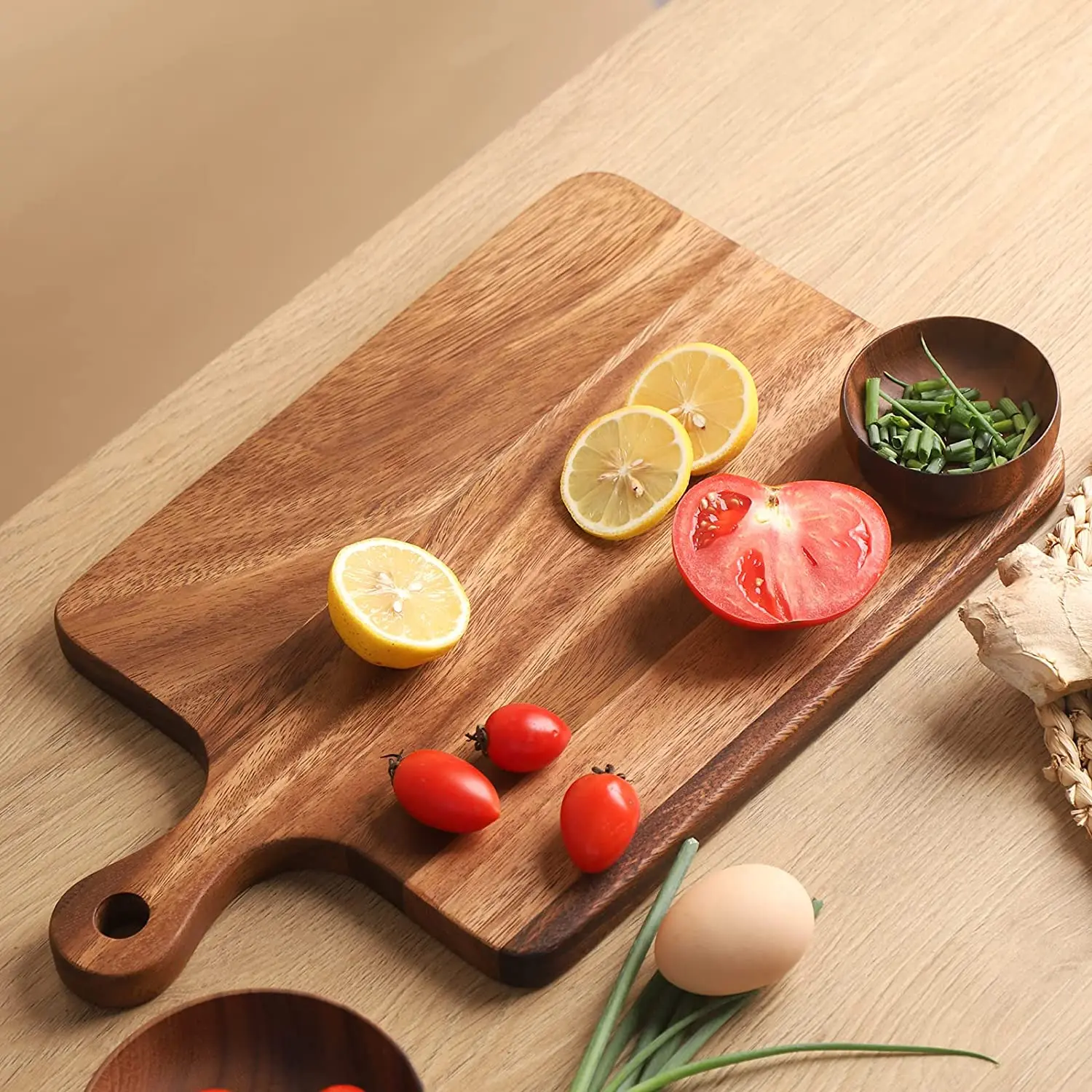 Muso Wood Acacia Cutting Board for Kitchen, Wooden Chopping Board with Handle to hang, Square Bread Pizza Cheese Board