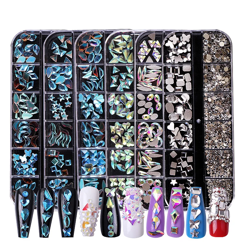 12 Grid AB Crystals  nail Decoration Crystal Rhinestones Set Holographic Stones Flat back Mixed Size  Multi-shape Glitter Nail
