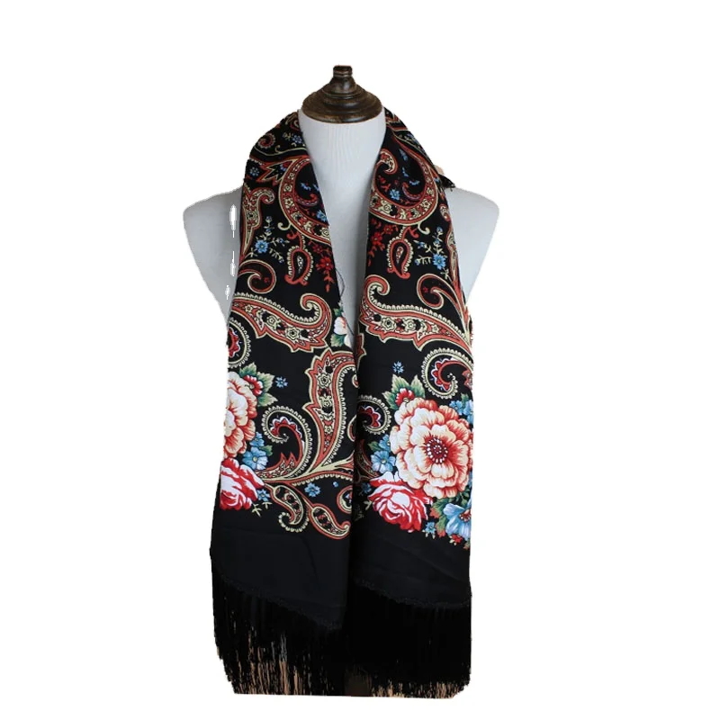 Wholesale Tassel fringe Printed Woman Hijab Wind Large Square Shawl Russian Scarf