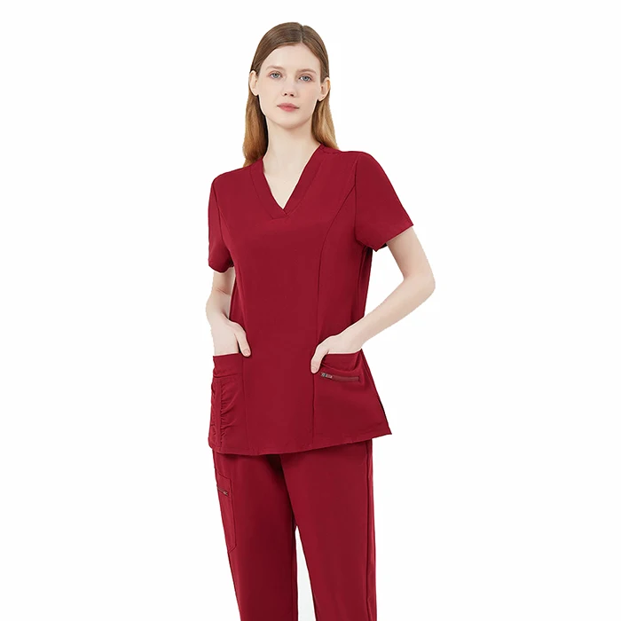 OEM Custom Embroidery Logo Burgundy 2 Pieces Nursing Hospital Uniforms Short Sleeve Nurse Medical Scrubs Uniforms Sets for Women