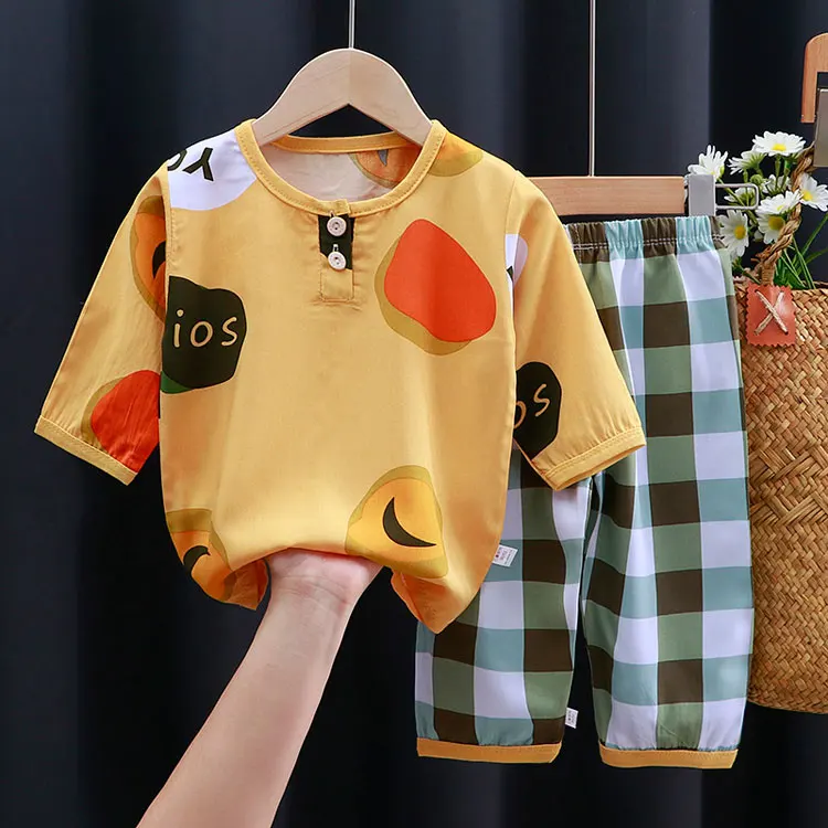 
Summer Ventilate Thin Home Wear Cropped Sleeve Multi-color Soft Bourette 2 Piece Kids Fashion Pajama Set 