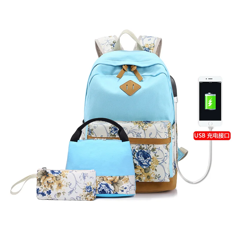 New 3pcs/Set Girl Backpack Custom Print Leisure Canvas Schoolbag Travel Backpack with usb charging