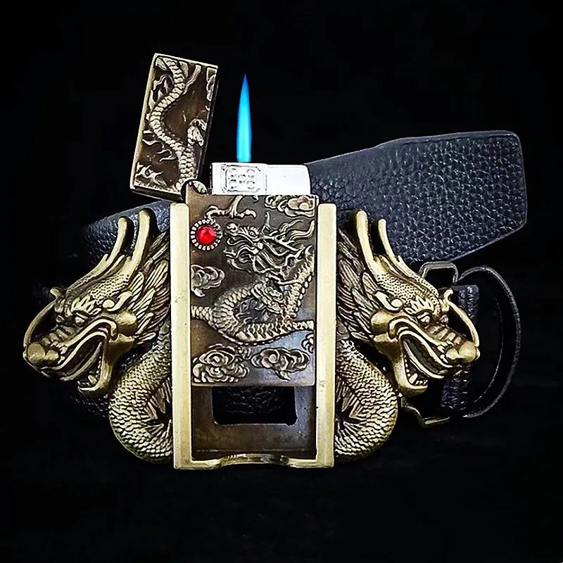 Wholesale Fashion Designer Belt Men Leather Zinc Alloy Double Dragon Western Fire Lighter Buckle Belt