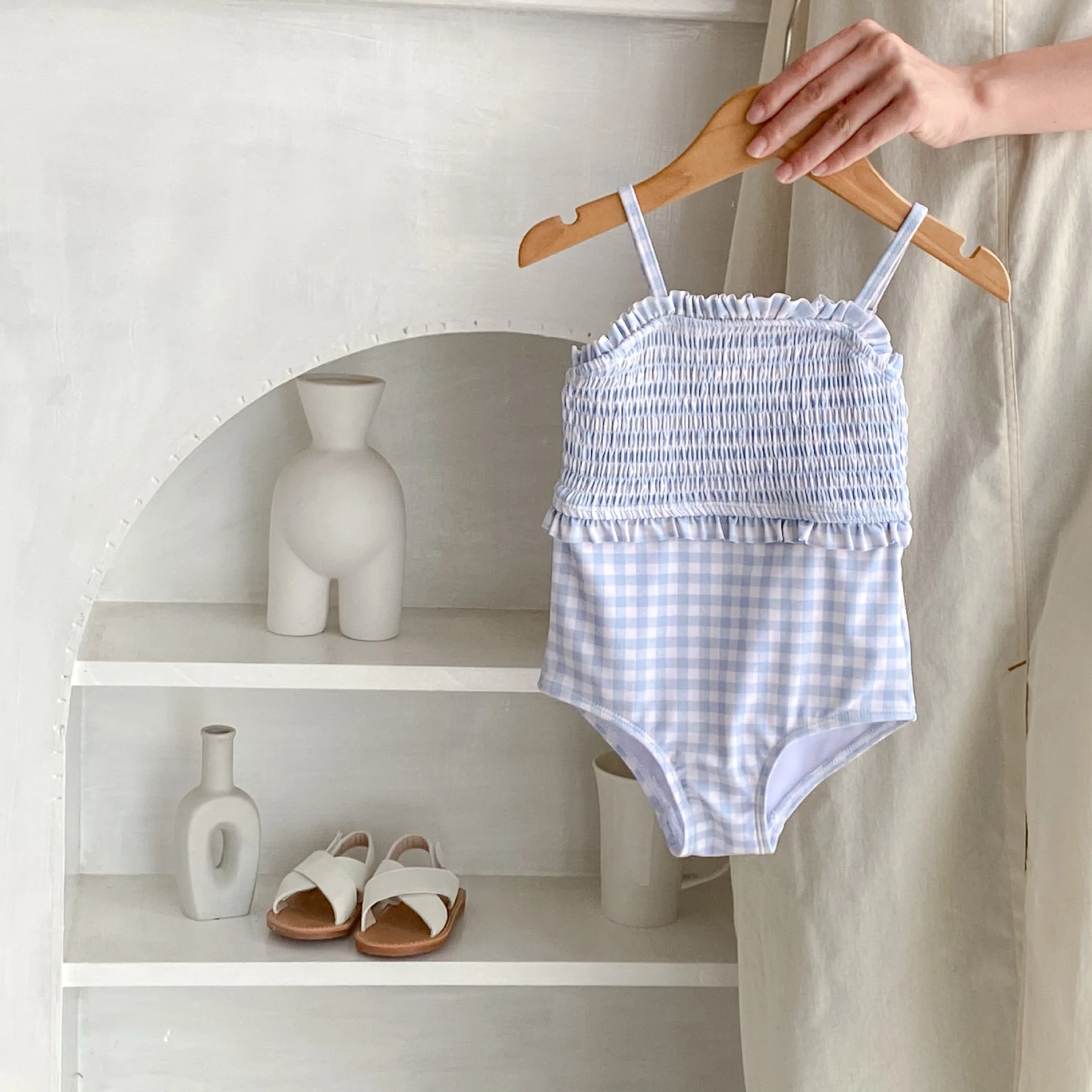 Engepapa Infant Girls Checkered Strap Swimwear Newborn Cute Rompers Swimwear Fashion Baby Swimsuit