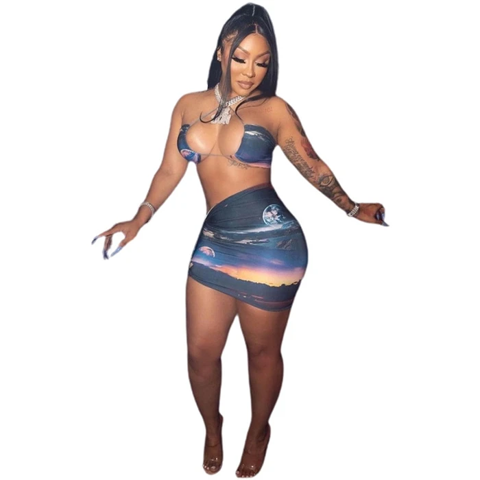 
Wholesale Fashion Women Casual Knitted Matching Mini Pencil Skirts Sets Ladies Club Outfits Woman Sexy Two Piece Skirt Set 