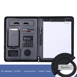 A4 multifunctional wireless charging treasure file folder with zipper mobile power business leather notepad folder