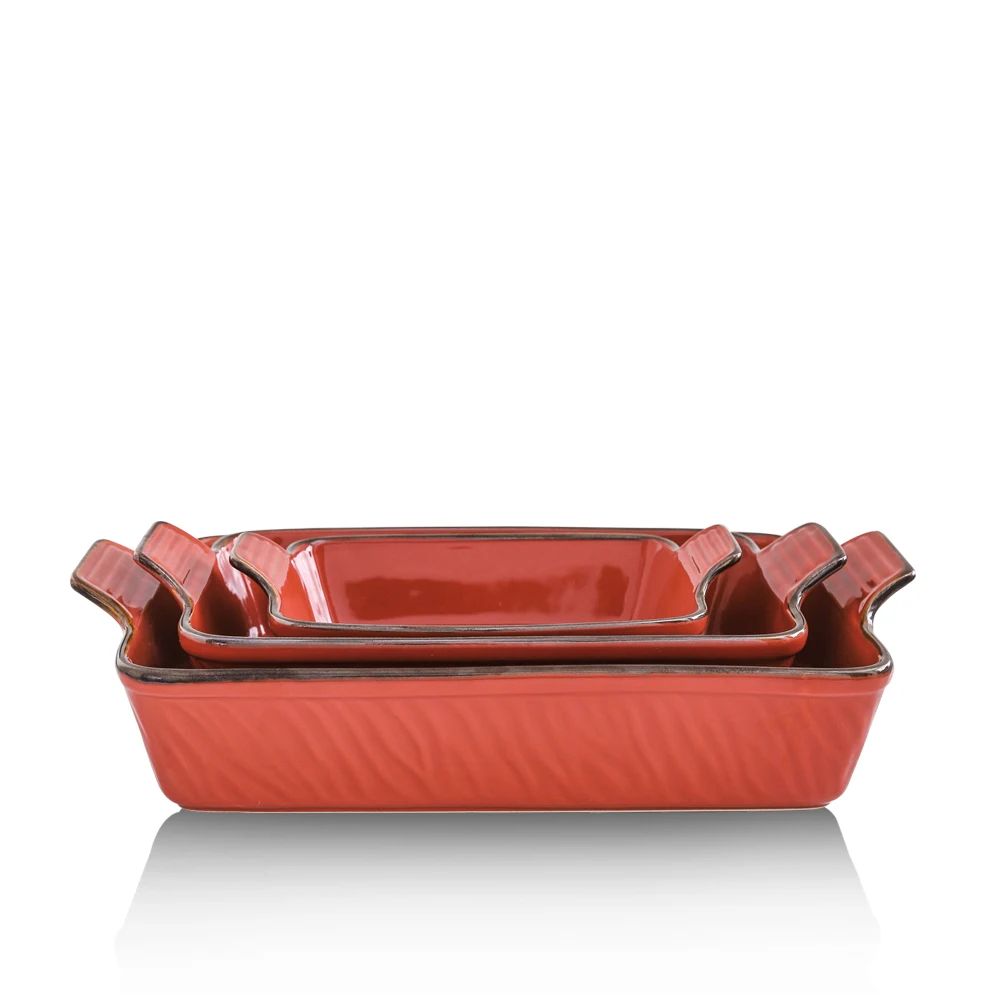High Quality Ceramic Baking Dish Set Of 3 With Handles Red Color Design Porcelain Bakeware For Sales