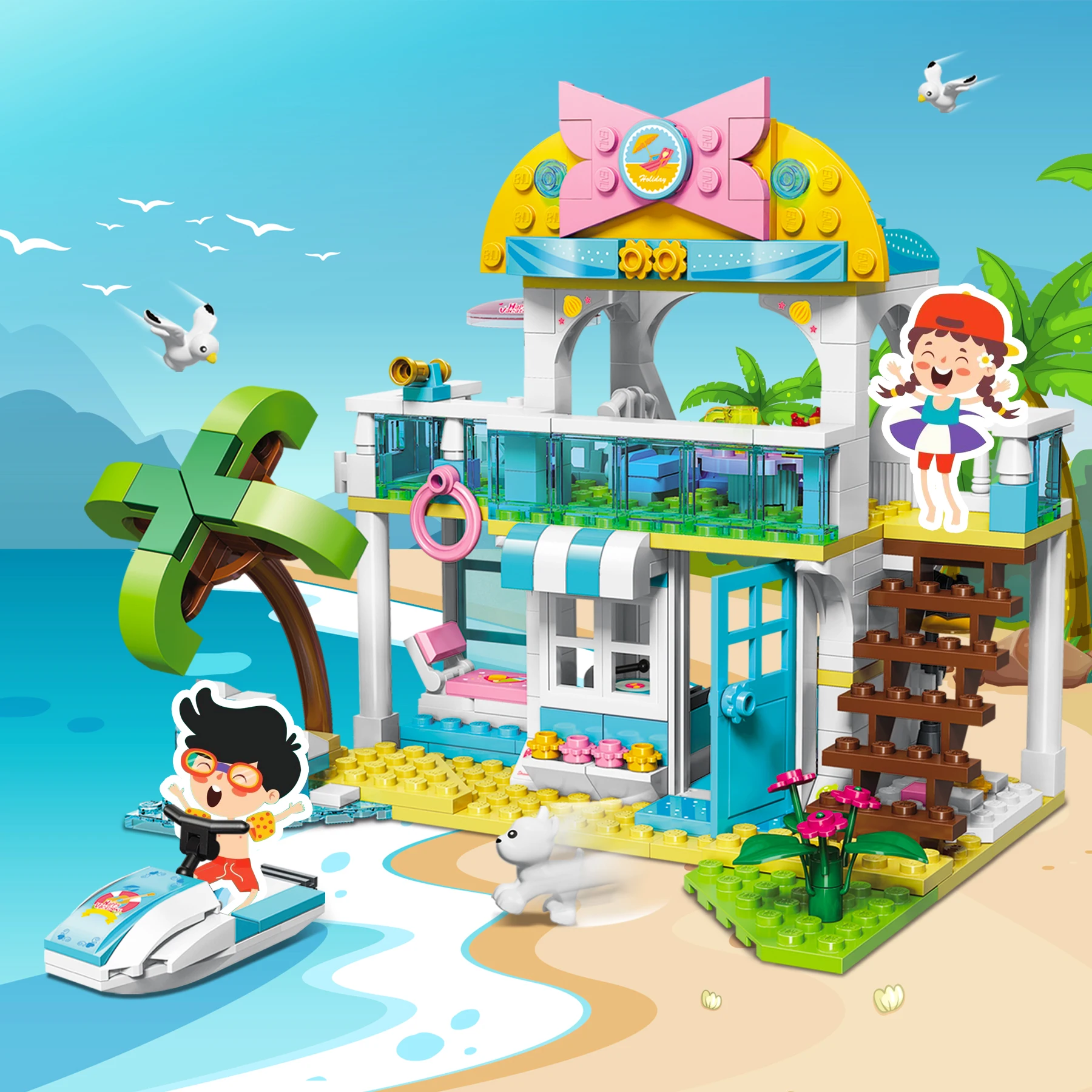 948PCS Vacation Tour Building Kit Featuring Beach House Creative Construction STEM Building Blocks Learning Toys for children