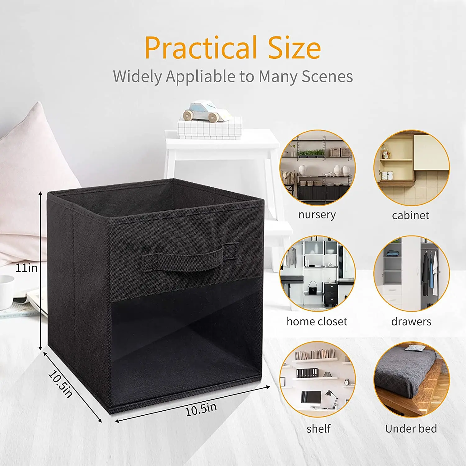 Cube storage box with transparent window, solid handle, fabric foldable storage basket