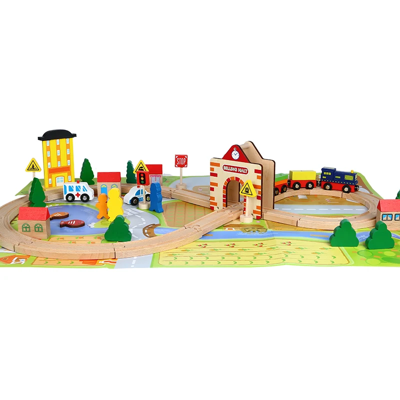 54 Pieces Wooden Train Tracks Set with Train,Cars,Trees and Beautiful Town set,High Quality Wood Toys for Children
