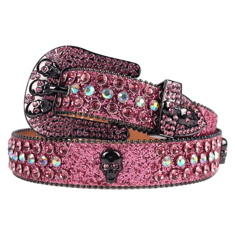 Retro Classical Western Bling Bling Rhinestone Skull Belts Buckle Studded Skull Red Rhinestones Belt Men