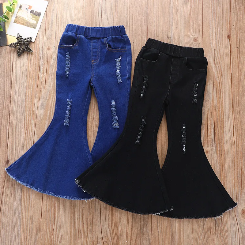 Kids Girls Denim Pants Child Trousers Ripped Jeans for Girls Boot Cut Pants Flare Jeans Toddler Bell Bottom Trousers Long Pants