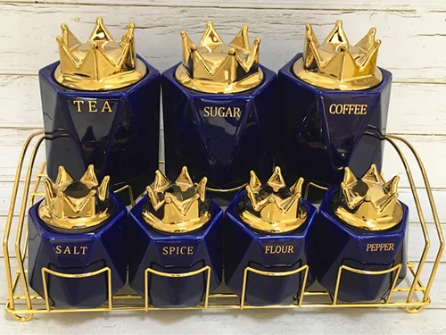 High quality 7Pcs Colors Crown Bowknot Lid Ceramic Sealed Jar Food Coffee Tea Sugar Spice Storage Jar Set