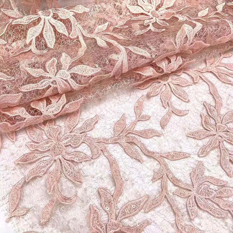 Antique Brass Couture Embroidery Dyed Water Soluble 3D Lace Fabric Plain Embroidered 3mm Sequins embroidery for Dance Dress