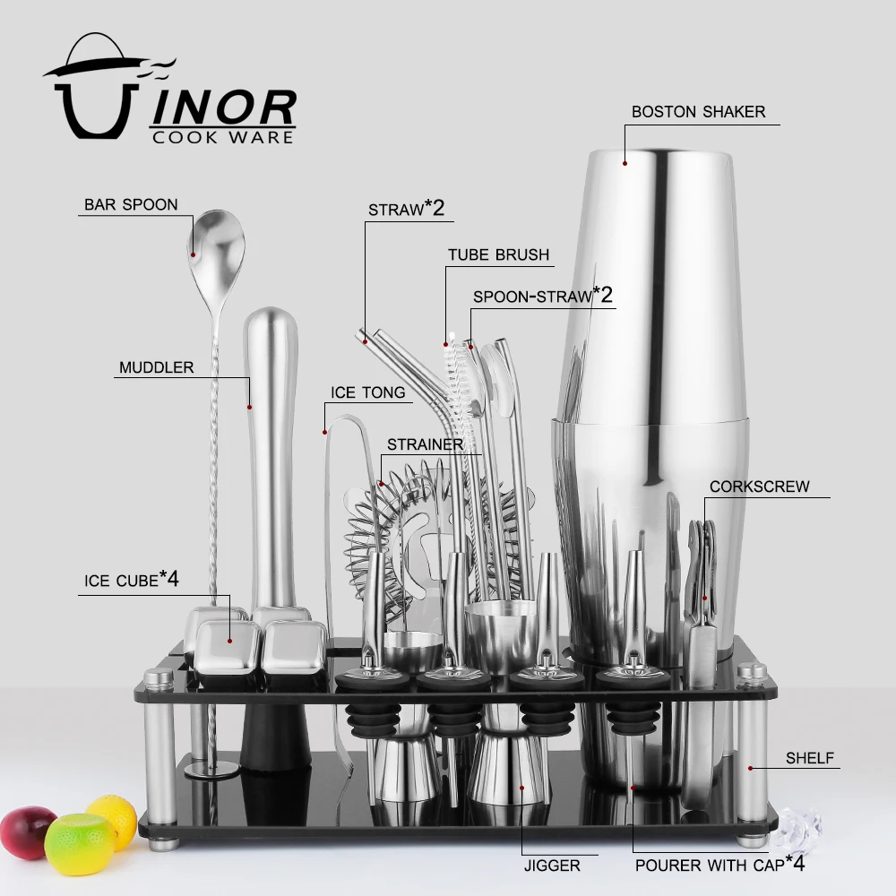 2022 New Arrivals Bar Tools Cocktail Shaker Set 23-Piece Stainless Steel Bartender Kit with Acrylic Stand 4 Whiskey Stones