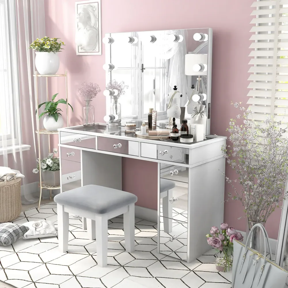 Customizable Bedroom Furniture White Solid Wood Mirror Light USB Socket 3-Piece Vanity Salon Dressing Table Set