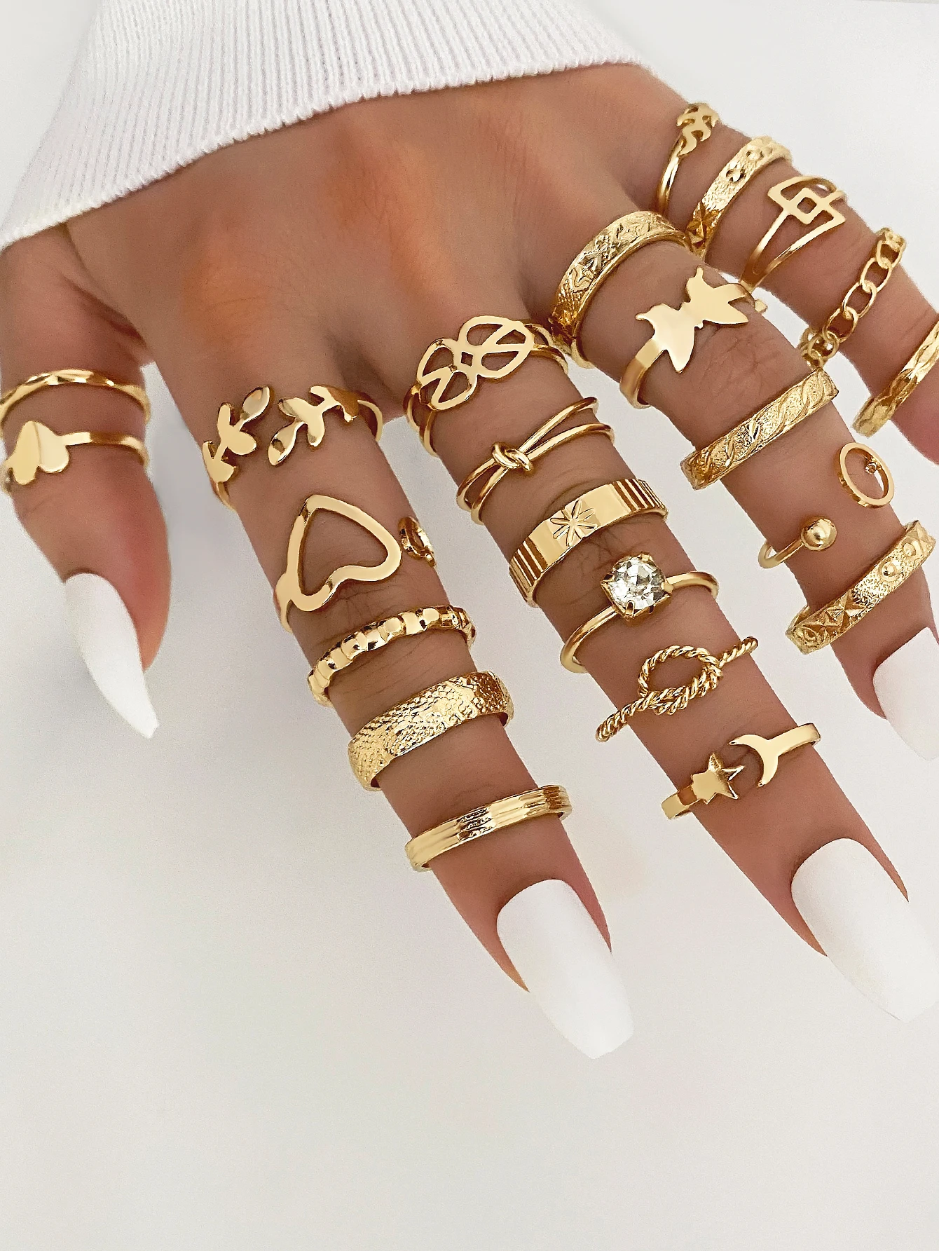 23pcs/set Trendy Geometric Gold plated Crystal Finger Ring Set Punk Diamond Chunky Pearl Rings Set For Women Jewelry Gift